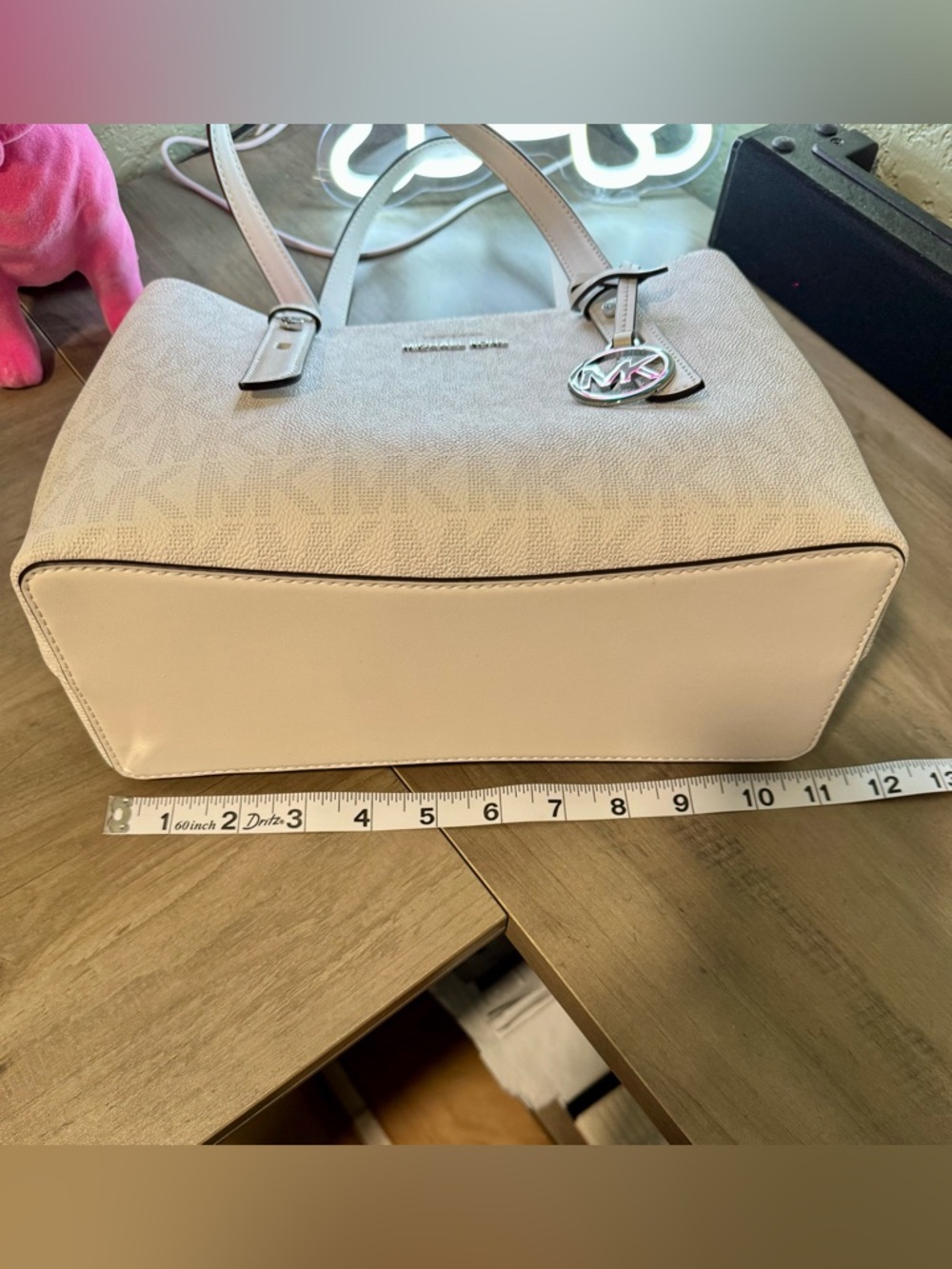 Michael Kors White Signature Logo Tote with Silver Charm - Picture 9 of 10